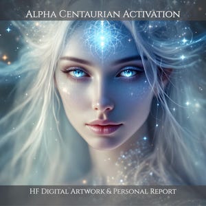 May include: Digital artwork titled ALPHA CENTAURIAN ACTIVATION featuring a portrait of a person with long white hair, glowing blue eyes, and a luminous geometric symbol on their forehead, surrounded by sparkling stars and cosmic light.