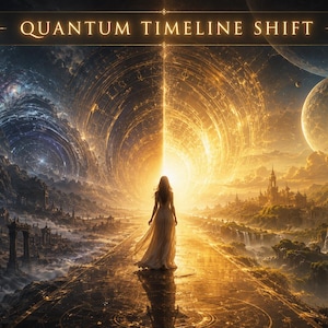 Puede incluir: Una obra de arte digital titulada QUANTUM TIMELINE SHIFT que muestra a una persona con un vestido largo sobre un camino. La escena presenta un portal dorado brillante, cuerpos celestes, islas flotantes, cascadas y estructuras de piedra.