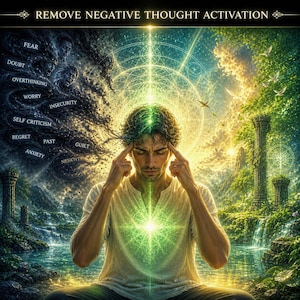 May include: An artistic illustration depicts a man meditating, with the text "REMOVE NEGATIVE THOUGHT ACTIVATION" at the top. The image contrasts dark and light, symbolizing the removal of negative thoughts like fear and doubt. The man is surrounded by a vibrant, natural landscape.