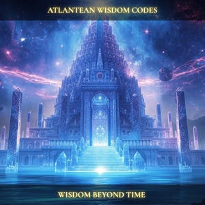 Może przedstawiać: Cyfrowa ilustracja wysokiej, niebieskiej, krystalicznej budowli z napisem ATLANTEAN WISDOM CODES na górze i WISDOM BEYOND TIME na dole. Scena przedstawia świecące filary, centralne łukowe wejście oraz planety na tle mgławicy.