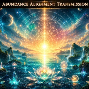 Peut inclure: Une impression d'art numérique représentant un paysage céleste avec des cascades, des cristaux et une fleur de lotus. L'image présente une palette de couleurs vibrantes de bleus, de verts et d'oranges, avec le texte "Abundance Alignment Transmission" en haut.