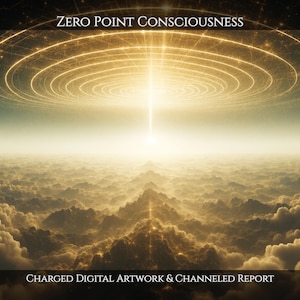 Könnte beinhalten: Ein digitales Kunstwerk mit dem Titel ZERO POINT CONSCIOUSNESS, das ein helles goldenes Licht zeigt, das von einer kreisförmigen Himmelsstruktur über einer Landschaft aus dichten Wolken und Berggipfeln ausgeht, mit dem Text CHARGED DIGITAL ARTWORK & CHANNELED REPORT.