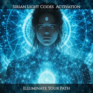 May include: A digital artwork featuring a person with glowing blue skin and intricate light patterns, centered before a radiant circular geometric design. The text SIRIAN LIGHT CODES ACTIVATION appears at the top, and ILLUMINATE YOUR PATH at the bottom.