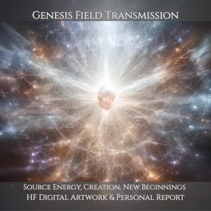 May include: Digital artwork titled Genesis Field Transmission featuring a central glowing crystal shape surrounded by radiating white light, intricate web-like patterns, and cosmic nebula clouds in shades of blue, purple, and orange with text.