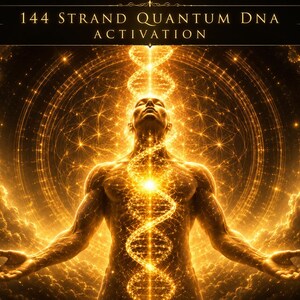 Puede incluir: Una ilustración digital que muestra una figura central con los brazos extendidos, rodeada de luz dorada y nubes. Una estructura de doble hélice brillante surge del pecho de la figura. El texto 144 STRAND QUANTUM DNA ACTIVATION aparece arriba.