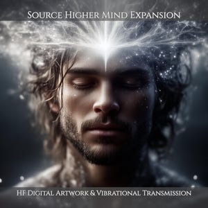 Pode incluir: Uma obra de arte digital apresentando uma pessoa com olhos fechados e barba, rodeada por uma luz branca brilhante que emana da testa. O texto SOURCE HIGHER MIND EXPANSION e HF DIGITAL ARTWORK & VIBRATIONAL TRANSMISSION é visível.
