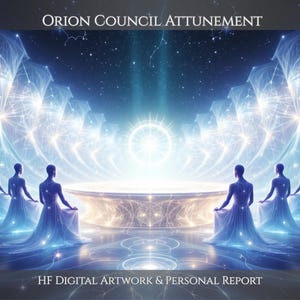 Può includere: Illustrazione digitale intitolata ORION COUNCIL ATTUNEMENT e HF DIGITAL ARTWORK & PERSONAL REPORT. Sei figure in fluenti vesti bianche sono inginocchiate attorno a una piattaforma circolare luminosa sotto un cielo stellato con raggi di luce blu.