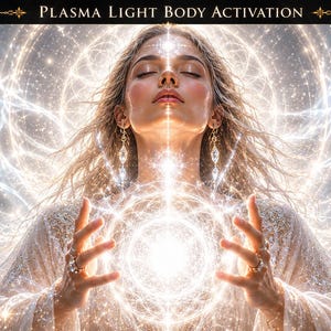 May include: A digital illustration featuring the text PLASMA LIGHT BODY ACTIVATION at the top. A figure with closed eyes is centered, surrounded by glowing white light patterns and sparkles, holding a bright circular light orb between hands.