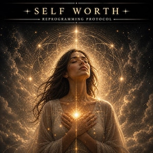 Könnte beinhalten: Digitales Kunstwerk einer Frau mit geschlossenen Augen, die Hände über der Brust gekreuzt, die goldenes Licht ausstrahlt. Das Bild enthält den Text "SELF WORTH" und "REPROGRAMMING PROTOCOL" in Gold vor einem dunklen Hintergrund mit himmlischen Elementen.