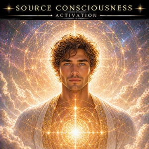 May include: Digital artwork featuring a man with curly brown hair and blue eyes, radiating light. The image includes the text "SOURCE CONSCIOUSNESS ACTIVATION" in gold lettering, set against a backdrop of celestial patterns and clouds.