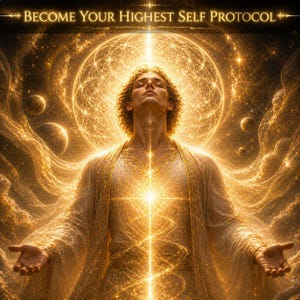 May include: A digital art piece featuring a person with arms outstretched, bathed in golden light. The image has a celestial theme, with a glowing sphere and swirling cosmic elements. The text "BECOME YOUR HIGHEST SELF PROTOCOL" is at the top.