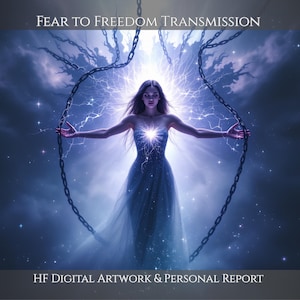 Pode incluir: Obra de arte digital intitulada Fear to Freedom Transmission e HF Digital Artwork & Personal Report. Uma figura num vestido azul fluido está com os braços estendidos, quebrando correntes de metal escuro no meio de uma luz azul elétrica brilhante.