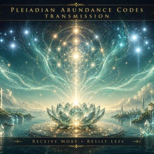 May include: A digital artwork titled PLEIADIAN ABUNDANCE CODES TRANSMISSION featuring a glowing crystal lotus flower on a platform, surrounded by water, crystalline structures, and a starry sky. The text RECEIVE MORE RESIST LESS is at the bottom.
