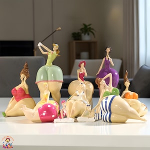 May include: A collection of whimsical figurines depicting women in various poses. The figurines feature a range of outfits, including swimwear and golf attire, and are painted in vibrant colors. The collection is displayed on a white surface.