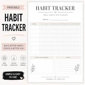 May include: Printable habit tracker with the title "HABIT TRACKER" in bold black letters. The design includes sections for tracking habits, a focus area, and notes. The text "BUILD BETTER HABITS. CREATE A BETTER YOU." is also included.