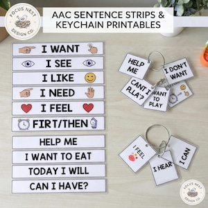 May include: AAC sentence strips and keychain printables featuring white rectangular cards with black text and icons. The strips include phrases like I WANT, I SEE, I LIKE, I NEED, I FEEL, FIRST/THEN, HELP ME, I WANT TO EAT, TODAY I WILL, and CAN I HAVE.
