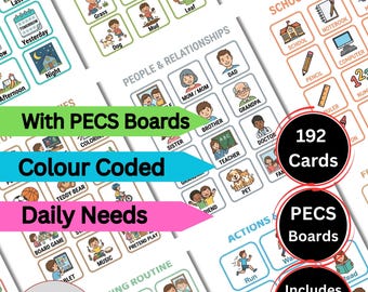 May include: A collection of 192 PECS picture communication cards and 5 PECS boards. The cards are colour-coded and cover daily needs, actions, and relationships. Includes blank cards for customisation. PDF download available.