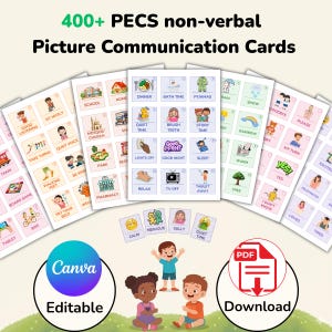 May include: A collection of PECS (Picture Exchange Communication System) non-verbal communication cards. The cards feature colorful illustrations of daily activities and emotions, with the text "400+ PECS non-verbal Picture Communication Cards" at the top.