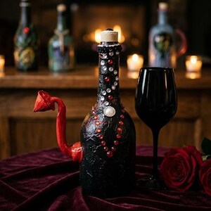 May include: A black textured bottle with a cork stopper, adorned with red and clear rhinestones and a central pearl accent. A red, curved, horn-like protrusion extends from the side of the bottle. The bottle is positioned next to a black wine glass.
