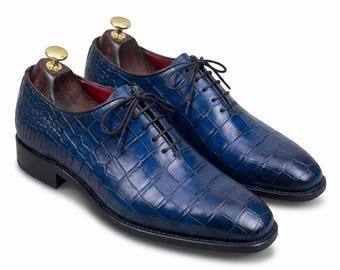 Men Handmade Blue Alligator Embossed Leather Oxford Shoes