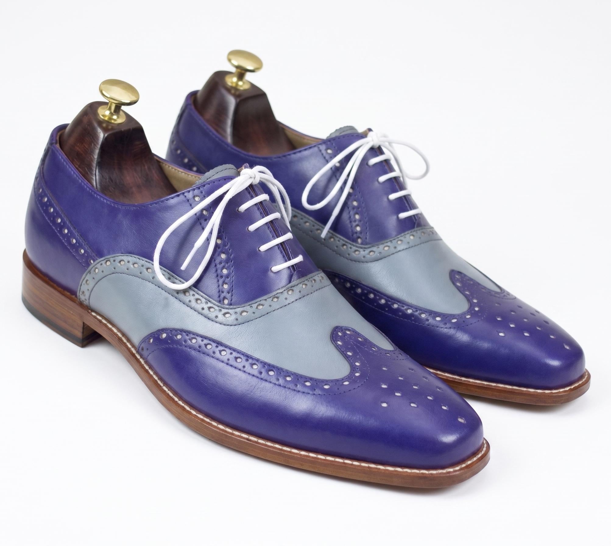 Men Handmade Royal Purple & Grey Two Tone Leather Wingtip Oxfords Spectator Shoes