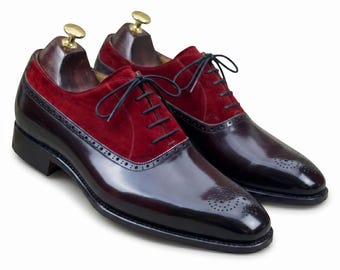 Handmade Two Tone Black Leather & Red Suede Oxford Wingtip Brogue Shoes