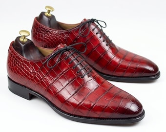 Scarpe Oxford da uomo fatte a mano in pelle di coccodrillo rossa, taglio intero
