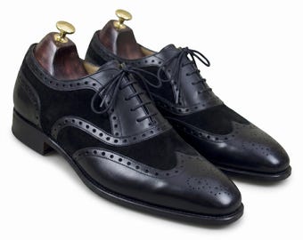 手作りのメンズ ブラックレザー＆スエード ウィングチップ オックスフォード スペクテーター ブローグ ドレスシューズ