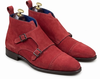 Botas Chukka de ante rojo con doble hebilla y puntera reforzada para hombre, hechas a mano.