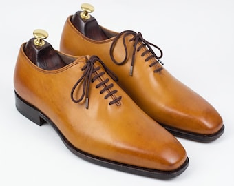 Men's Handmade Tan Leather Wholecut Oxford Dress Shoes