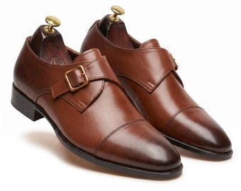 Handmade Brown Leather Single Monk Strap Cap Toe Dress Shoes for Men