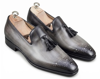Handmade Men's Grey Patina Leather Brogue Tassel Loafers Dress Shoes