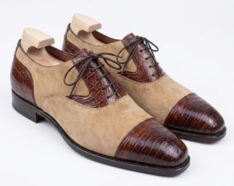 Handmade Tan Suede and Brown Crocodile Oxford Spectator Shoes for Men