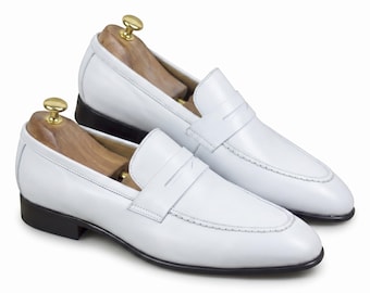 Handmade White Leather Penny Loafers for Men