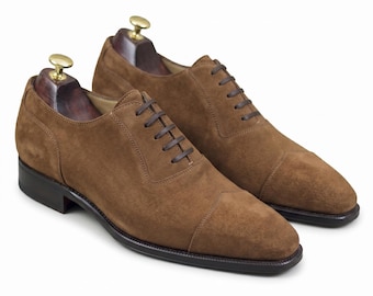 Men's Handmade Tobacco Brown Suede Cap Toe Oxford Dress Shoes