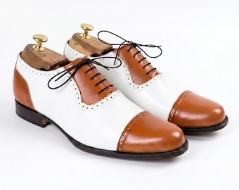 Handmade Mens Two Tone Spectator Oxford Tan White Leather Brogue Shoes