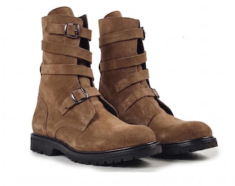 Handmade Men's Tan Suede Military Tanker Combat Boots Lug Sole