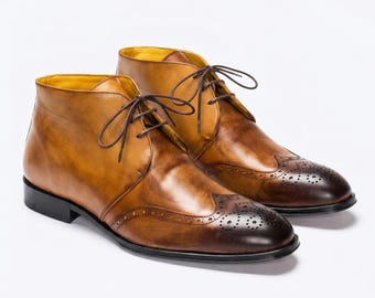 Men Handmade Ankle Leather Chukka Boots Wingtip Brogue Burnished Tan Dress Boots
