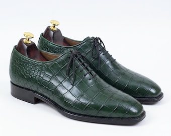 Men Handmade Men Green Crocodile Leather Oxford Shoes
