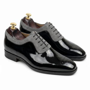 Men Handmade Black Patent Leather Grey Suede Oxford Shoes