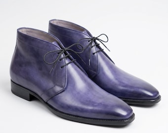 Botines Chukka de cuero morado patinado hechos a mano para hombre