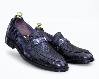 Mens Handmade Slip-On Crocodile Moccasins Black Loafers Alligator Texture Shoes