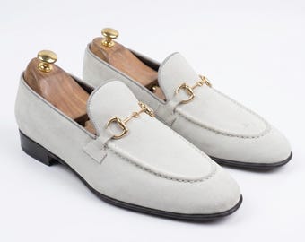 手作りライトグレースエードスリッポンホースビットローファーメンズ