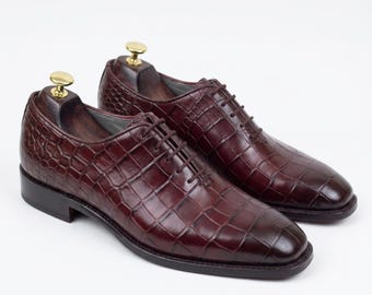 Men Handmade Burgundy Alligator Embossed Leather Oxford Shoes