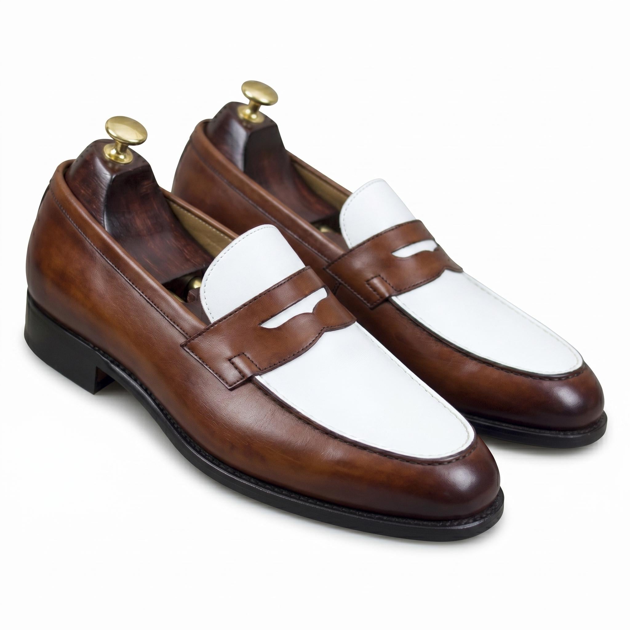 Handmade Two Tone White & Brown Leather Penny Loafer Spectator Shoes