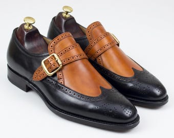 Handmade Men's Two Tone Black & Deep Tan Leather Monk Brogue Spectators Shoes
