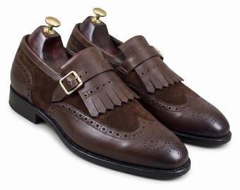 Handmade Brown Leather Suede Monk Strap Wingtip Brogue Men Shoes