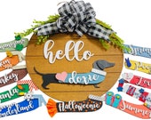 Hello Dachshund - Doxie - Weiner Dog - Interchangeable Holidays Seasons - Large Round Wooden Shiplap Door Hanger Wreath Sign