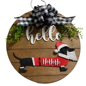 Add on Outfit for Dachshund Doxie -  Santa Claus - Christmas - Weiner Dog - Large Round Wooden Shiplap Door Hanger / Wreath / Sign