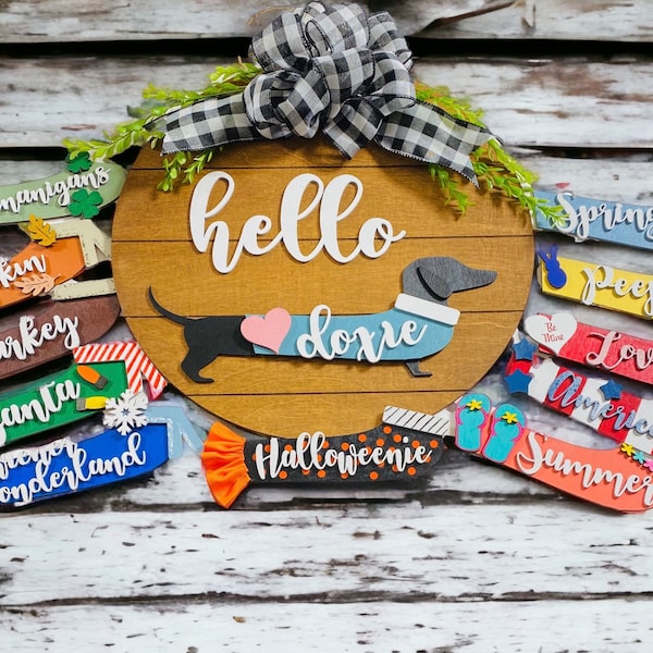 Interchangeable Holidays Seasons - Hello - Welcome -  Long Dog - Large Round Wooden Shiplap Door Hanger / Wreath/Sign - Gift Mom